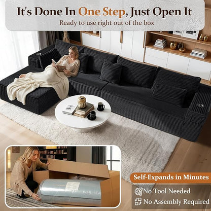 138" Oversized Cloud Sectional Couch, Comfort L Shaped Boneless Couch for Living Room, Extra Deep Seats No Assembly, Minimalist Modular Sofa, Corduroy (Black, 3 Seater+Left Facing Chaise)