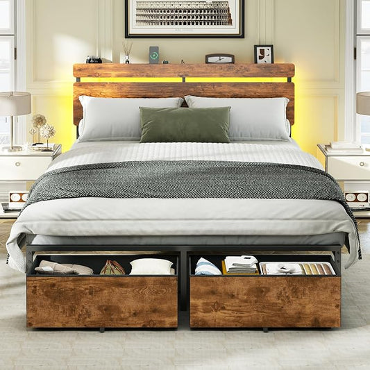 Forestell Full Size Bed Frame with Wood Headboard, Metal Platform Bed with 2 Storage Drawers & Shelf, Built in Charging Station & LED Lights, No Box Spring Needed, Vintage Brown, Camas Full
