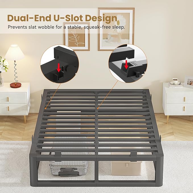 14 Inch Full Size Bed Frame with Rounded Corner and Headboard Hole, Metal Platform Bed Frames 6 Non-Slip Guards, 3500lbs Heavy Duty Steel Slat Support, Squeak Free, No Box Spring Needed, Black