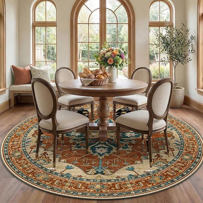 RELEANY Area Rugs Round 7ft Washable Non-Slip, Floral Vintage Distress Medallion Carpet for Living Room Bedroom Dining Room, Red Orange Blue Brown