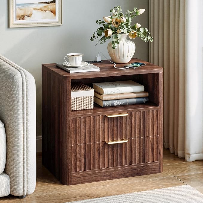 IRONCK Fluted Night Stand Set of 2, Modern Nightstand with Charging Station, Drawers and Open Shelves - Bedside Table Wood Side Table Set for Bedroom, Walnut