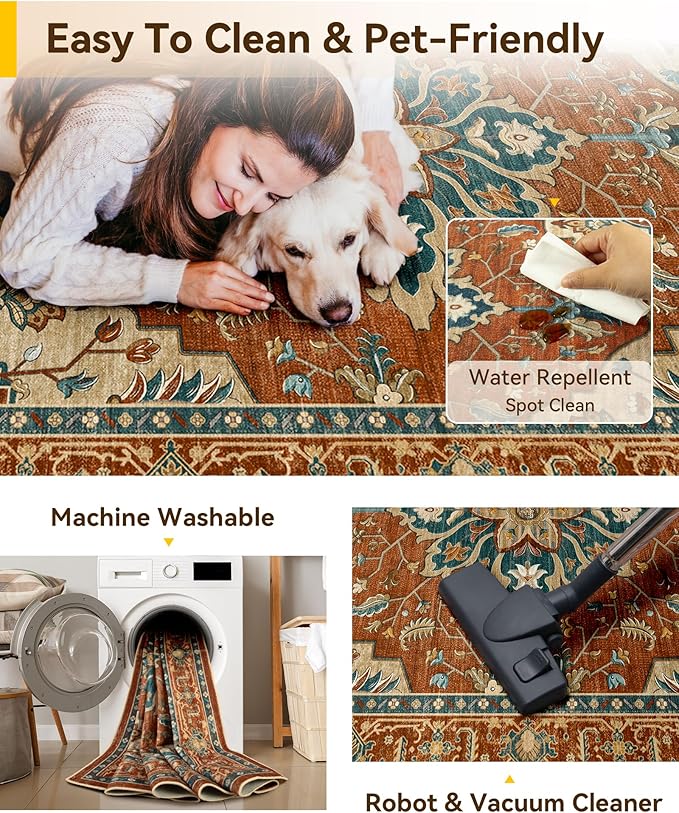 RELEANY Area Rugs Large 9'x12' Washable Non-Slip, Floral Vintage Distress Medallion Carpet for Living Room Bedroom Dining Room, Red Orange Blue Brown