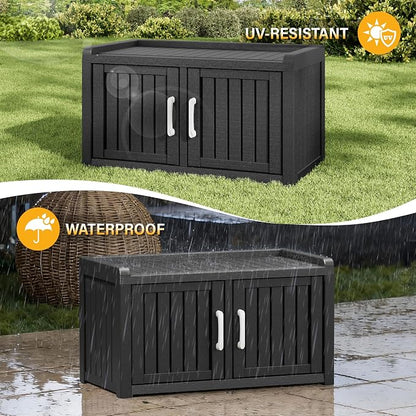 Outdoor Shoe Bench, Waterproof UV-Resistant Indoor Resin Shoe Cabinet, Entryway Shoe Storage Bench with 2 Doors, for Entryway, Hallway, Living Room, Bedroom, Black