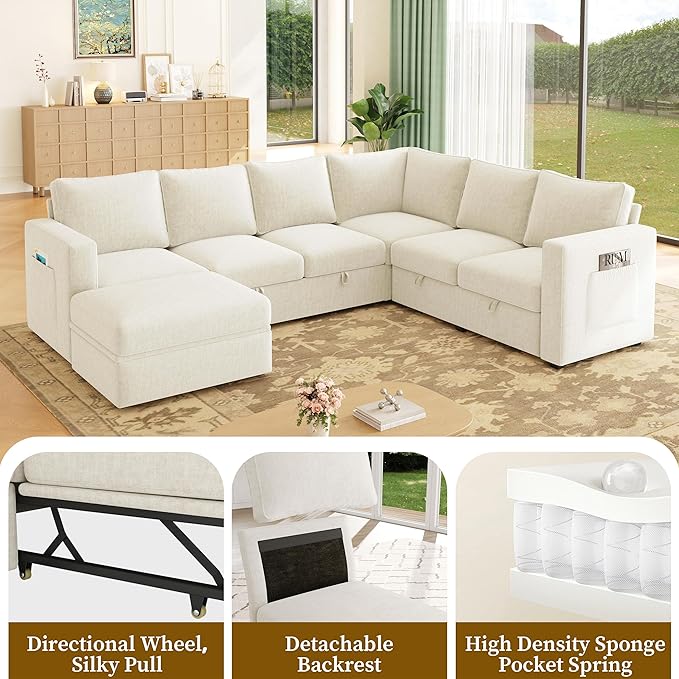 106.7" U-Shaped Modular Sectional Sofa with Pull-Out Bed & Storage, Modern 7-Seat Convertible Couch, Comfy L-Shape Sectional for Living Room, Apartment, Beige