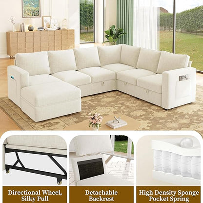 106.7" U-Shaped Modular Sectional Sofa with Pull-Out Bed & Storage, Modern 7-Seat Convertible Couch, Comfy L-Shape Sectional for Living Room, Apartment, Beige