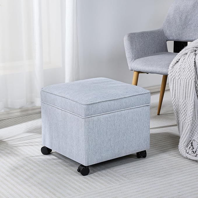 Adeco 17.5 inch Square Storage Ottoman with Wheels & Flip Top Lid, Upholstered Linen Foot Rest Stool, Small Coffee Table for Living Room & Bedroom, Ice Blue
