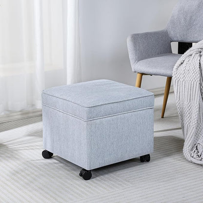 Adeco 17.5 inch Square Storage Ottoman with Wheels & Flip Top Lid, Upholstered Linen Foot Rest Stool, Small Coffee Table for Living Room & Bedroom, Ice Blue
