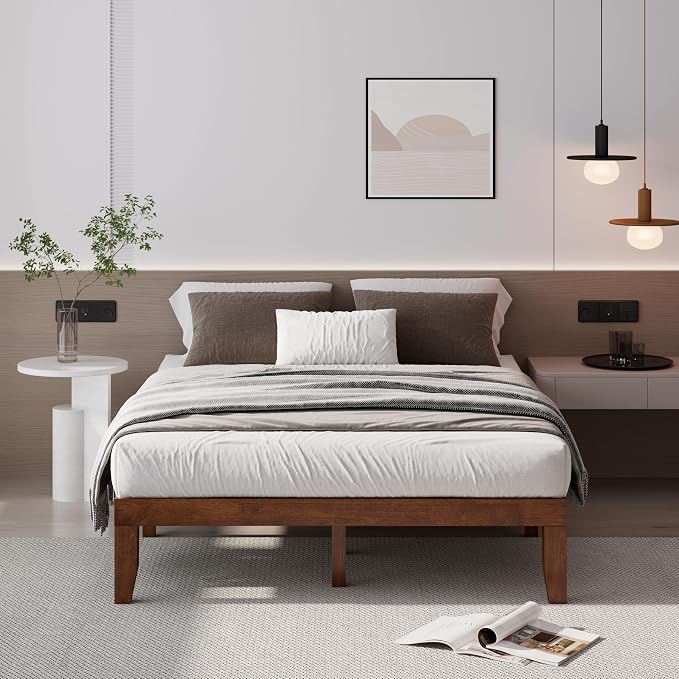 COSTWAY Wood Platform Bed Frame, 14 Inches Solid Rubber Wood Bed Mattress Foundation with Sturdy Slats Support, Easy Assembly Bed Frame for Home Hotel, No Box Spring Needed (Walnut, Queen)