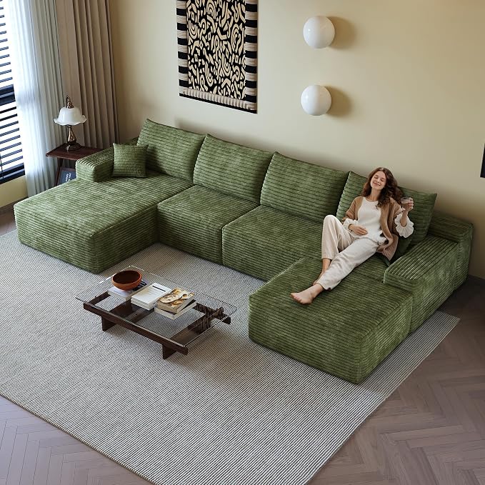 AUGOP 136" Sectional Couches for Living Room Modern Modular Sofa with L-Shape Couchs Upholstered Boneless Couch Deep Seat Sectional Couch with Chaise (Green, Left Facing Chaise+3Seaters+Ottoman)