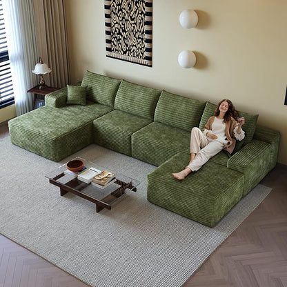 AUGOP 136" Sectional Couches for Living Room Modern Modular Sofa with L-Shape Couchs Upholstered Boneless Couch Deep Seat Sectional Couch with Chaise (Green, Left Facing Chaise+3Seaters+Ottoman)