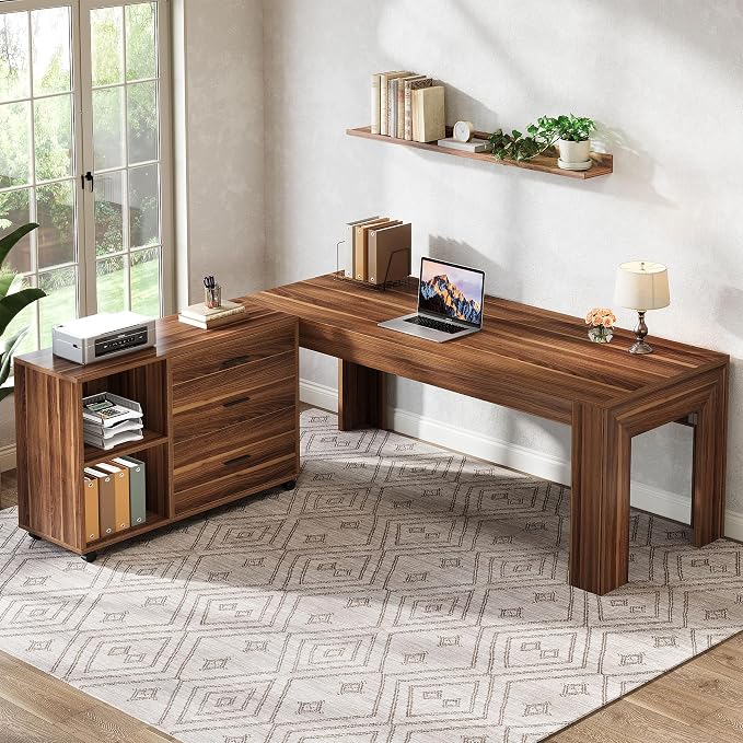 Tribesigns 63" L Shaped Desk with File Cabinet, Large Executive Office Desk with Rolling Filing Cabinet, Long Computer Table with Drawers, Business Furniture Set for Home Office, Light Walnut