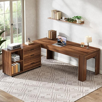 Tribesigns 63" L Shaped Desk with File Cabinet, Large Executive Office Desk with Rolling Filing Cabinet, Long Computer Table with Drawers, Business Furniture Set for Home Office, Light Walnut