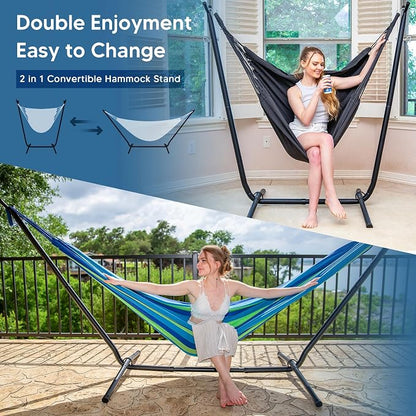 SUNCREAT 2-in-1 Hammocks Hammock Chair with Stand, 475 lbs Capacity, Heavy Duty Two Person Hammock with Stand, Patented, Blue Stripe