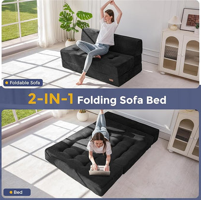 MAXYOYO 8" Folding Sofa Bed, Fold Out Chair Bed, Convertible Floor Sofa Couch, High-Density Foam Tufted Lounge Couch for Living Room Bedroom Dorm, Loveseat, Black