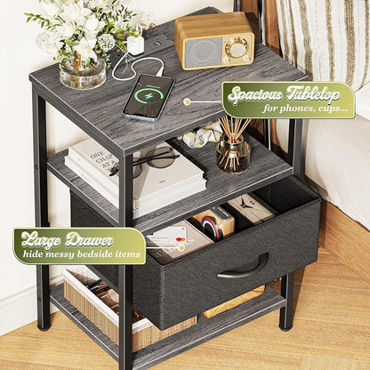 SUPERJARE Nightstand with Charging Station, Bed Side Table with Adjustable Fabric Drawer, Night Stand for Bedroom, 3-Tier Storage End Table, for Living Room, Charcoal Gray