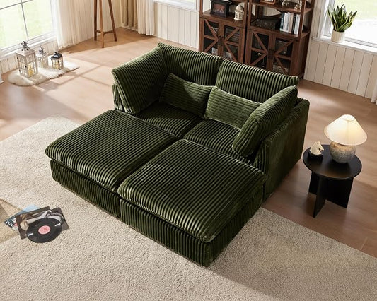 77" Oversized Corduroy Couch Modular Sectional Sofa, Washable Cloud Couch Sectional with 2 Ottoman, 4 Seater Sectional Couches for Living Room, Fully Cover Removable, Chaise Lounge, Corduroy, Green
