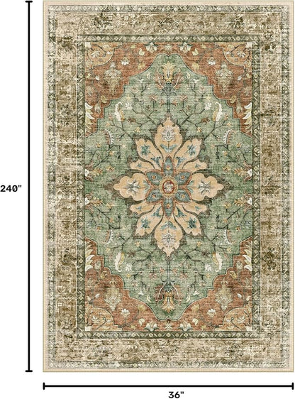 RELEANY Area Rugs Runner 3'x20' Washable Non-Slip, Floral Vintage Distress Medallion Carpet for Kitchen Hallway Bedroom Beside Laundry Room Bathroom, Terracotta Burnt Orange Green