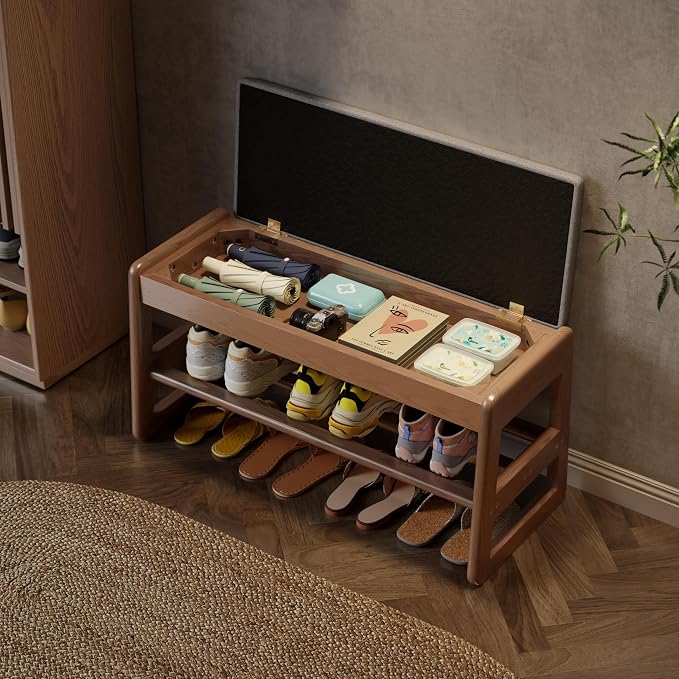 AQIMUELE Shoe Rack Bench,2 Tiers Shoe Bench with Storage with Flip-Top,Wood Shoe Rack for Entryway,Hallway（Walnut Upholstered Seat,11.8" D x 31.5" W x 15.7" H）