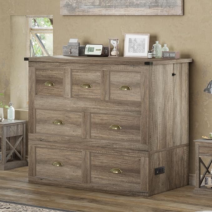 AMERLIFE Twin Size Murphy Bed, Farmhouse Wooden Cabinet with Charging Station and Storage Drawer for Bedroom/Office/Guest Room, Grey Oak