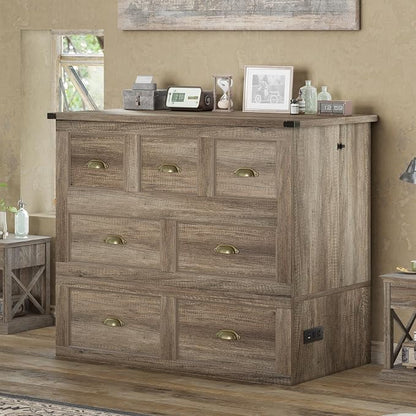 AMERLIFE Twin Size Murphy Bed, Farmhouse Wooden Cabinet with Charging Station and Storage Drawer for Bedroom/Office/Guest Room, Grey Oak