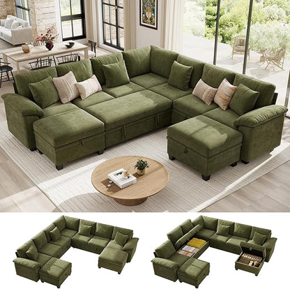 Ihanherry 108" Modular Sectional Sofa with Pull Out Bed, 9-Seater U Shaped Sectional Sleeper Couch with Storage, Chenille Convertible Couches for Living Room, Apartment (Green)