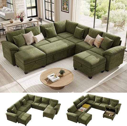 Ihanherry 108" Modular Sectional Sofa with Pull Out Bed, 9-Seater U Shaped Sectional Sleeper Couch with Storage, Chenille Convertible Couches for Living Room, Apartment (Green)