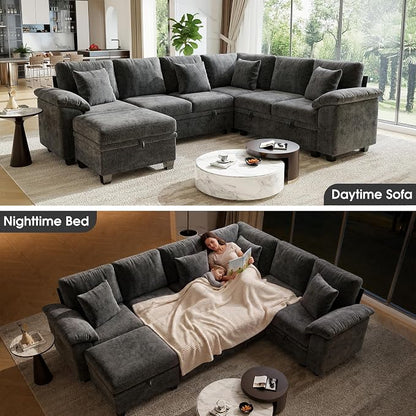 107.8" Modular Sectional Sleeper Sofa with Pull Out Bed, U Shaped 7 Seat Couch with 221L Storage, Convertible Cloud Couch Bed with Ottoman, Sectional Couches for Living Room, Apartment (Gray)