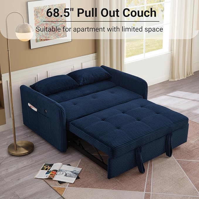 55.5" Corduroy Convertible Sofa Bed, Pull Out Sleeper Sofa Bed, Loveseat Couch with USB Charging Ports, 3 in 1 Convertible Sleeper Sofa Bed for Living Room, Apartment, Bedroom, RV, Blue