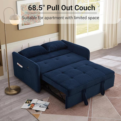 55.5" Corduroy Convertible Sofa Bed, Pull Out Sleeper Sofa Bed, Loveseat Couch with USB Charging Ports, 3 in 1 Convertible Sleeper Sofa Bed for Living Room, Apartment, Bedroom, RV, Blue