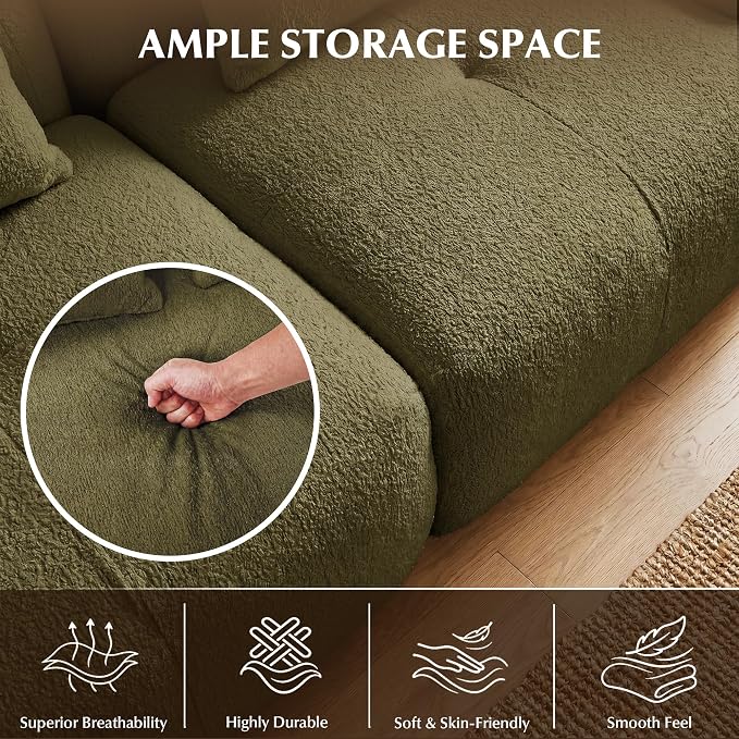118'' Modular Sectional Cloud Couch Boneless Couches, Oversize Curved Sectional Couches for Living Room, Deep Seat Couch Lambswool Sofa with Ottoman & Throw Pillows, No Assembly, HR Foam
