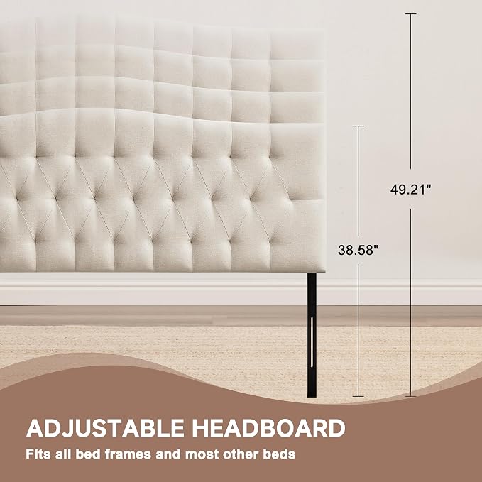 Tufted Upholstered Queen Size Headboard Only, Adjustable 38-50 in, Beige | Queen Headboard for Queen Size Bed, Durable Linen Fabric Headboards, Modern Diamon Design Wood Head Board