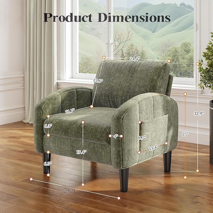 Homkdom Accent Chairs Set of 2,Mid Century Modern Reading Chair with 2 Side Pockets,Upholstered Armchair for Living Room Apartment,Small Room,Green