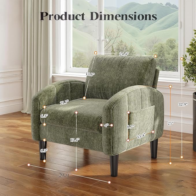 Homkdom Accent Chair for Living Room Chairs Green Reading Chair for Bedroom Mid Century Modern Arm Chair Upholstered Comfy Chair for Apartment, Waiting Room