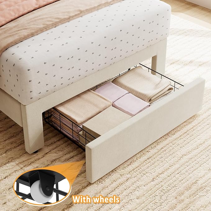 GarveeHome Twin Bed Frame with Under-Bed Drawer, Upholstered Platform Bed with Wave Headboard for Kids/Girls, Wooden Slats Support, No Box Spring Needed, Velvet Beige, 2 Sets