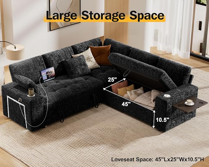 Vipbear 86" Modular Sectional Sleeper Sofa with Pull Out Bed, 5 Seat Chenille L Shaped Couch with USB Ports|Cup Holders|Side Table|Storage Loveseat, Tool Free Assembly, Black