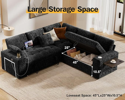 Vipbear 86" Modular Sectional Sleeper Sofa with Pull Out Bed, 5 Seat Chenille L Shaped Couch with USB Ports|Cup Holders|Side Table|Storage Loveseat, Tool Free Assembly, Black