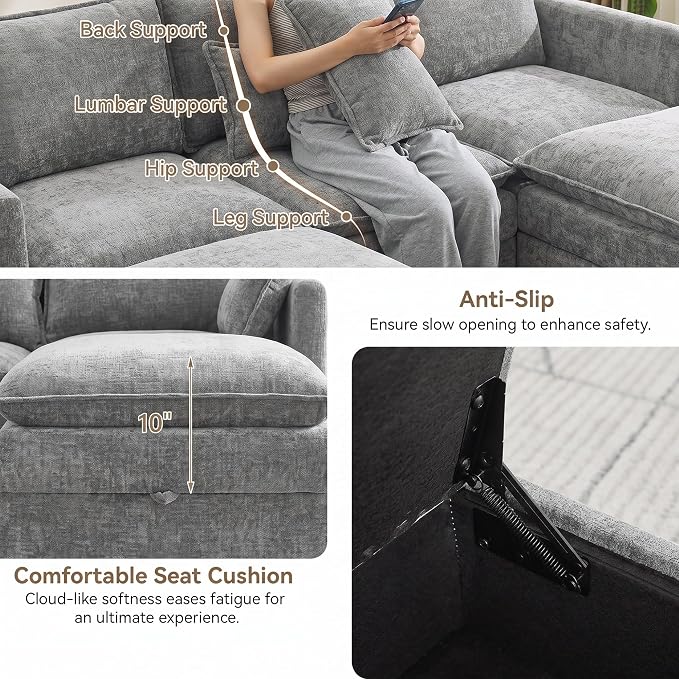 105" Light Grey Oversized Modular Storage Sofa, U Shaped Chenille Couch | Oversized Convertible Sectional Sofa, 8-Seat Sectional Couch With Armrests, Large Cloud Couch For Living Room, Apartment.