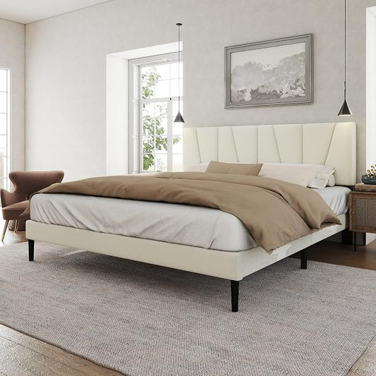 HAOARA Queen Size Bed Frame with Fabric Upholstered Headboard, Platform Bed with Wooden Slats Support, Fully Mattress Foundation, Box Spring Optional, Easy Assembly