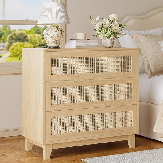 Rattan 3 Drawer Dresser for Bedroom, Small Boho Dresser with Wood Handles, Wood Nightstand, 29.52" Wide Modern Dresser, Chests of Drawers for Living Room, Entryway, Hallway, Natural Oak