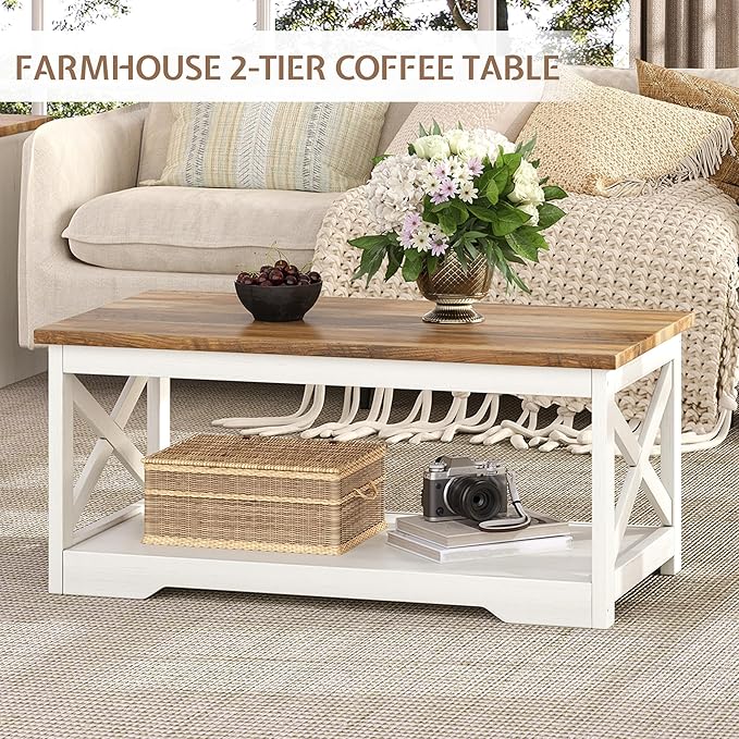 LUXOAK 3-Piece Farmhouse Living Room Table Sets, Includes 1 x Coffee Table, 2 x End Tables with Charging Station & USB Ports, Rustic Coffee Table Set of 3, Distressed White