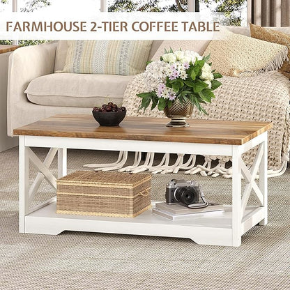 LUXOAK 3-Piece Farmhouse Living Room Table Sets, Includes 1 x Coffee Table, 2 x End Tables with Charging Station & USB Ports, Rustic Coffee Table Set of 3, Distressed White