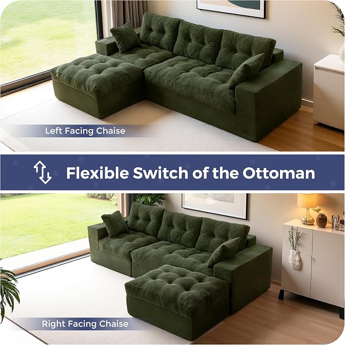 MAXYOYO 96" L Shaped Modular Sectional Sofa with Ottoman, Cloud Boneless Couch with Layered Cushion, Upholstered Sofa in a Box, Flexible Module Combination for Living Room, No Assembly, Dark Green