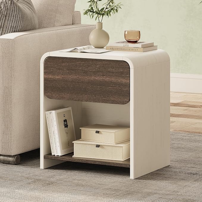 Modern Nightstands Set of 2,Bedside Table with Open Shelf,Night Stand with Drawer Storage,Wooden End Table for Bedroom, Side Table White and Walnut