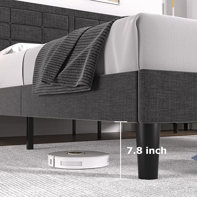 VECELO Queen Size Bed Frame, Adjustable Upholstered Button Tufted Headboard, Heavy-Duty Bedframe with Wood Slats Support, No Box Spring Needed, Linen & Dark Grey
