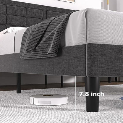 VECELO Queen Size Bed Frame, Adjustable Upholstered Button Tufted Headboard, Heavy-Duty Bedframe with Wood Slats Support, No Box Spring Needed, Linen & Dark Grey