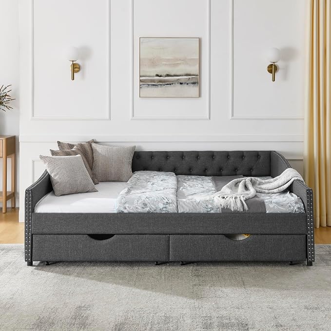 KEIKI Queen Size Upholstery Daybed with 2 Drawers and Headboard, Mid-Century Style Tufted Sofa Bed with Button on Back, Easy Assembly, No Box Spring Required, for Living Room and Bedroom, Dark Grey