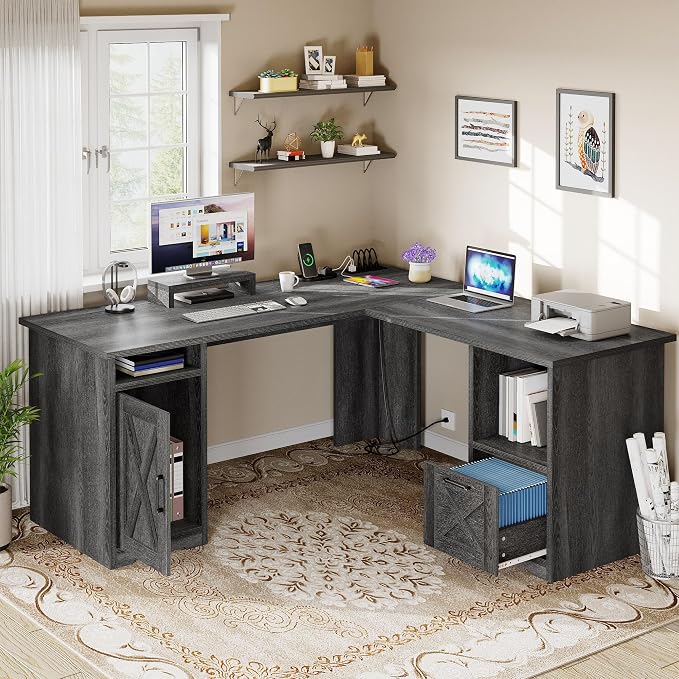 DWVO L Shaped Desk with File Drawer, 60" Corner Computer Desk with Power Outlets, Home Office Desk with Monitor Stand & Storage Shelves & File Cabinet, Grey