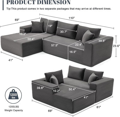 MANGODAN 110” Cloud Sectional Couch, Boneless Sofa for Living Room, Modular Sectional Sofa with Deep Seat, Comfy Fluffy Couch with L-Shaped Chaise, No Assembly Required (Left-Facing Chaise, Dark Grey)