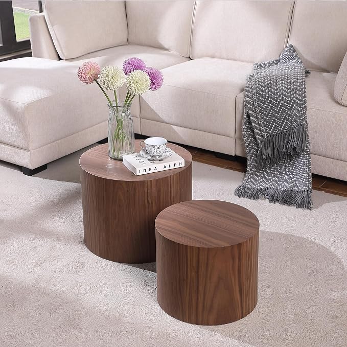 Nesting Coffee Table Set of 2, Wood Round Coffee Table, Modern Coffee Table for Small Space Living Room, Walnut