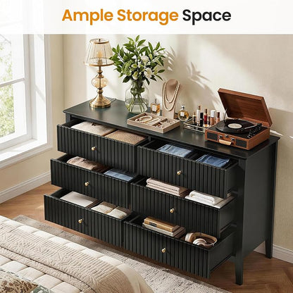 RoyalCraft Black 6 Drawer Dresser, Fluted Modern Wood Dresser, Double Chest of Drawers for Bedroom, TV Stand Storage Cabinet for Living Room
